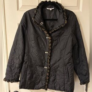 CAbi Black Quilted Puffer Jacket with Fur Trim